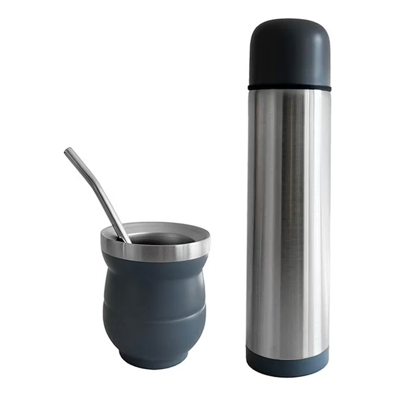 Set De Mate Con Bombilla + Termo Bala 1000ml Acero Inox