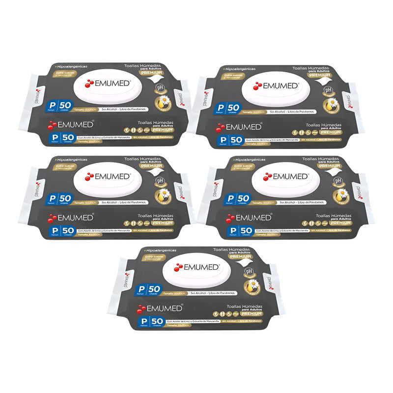 Pack X5 Toallas Húmedas Adulto Premium Emumed 50unid