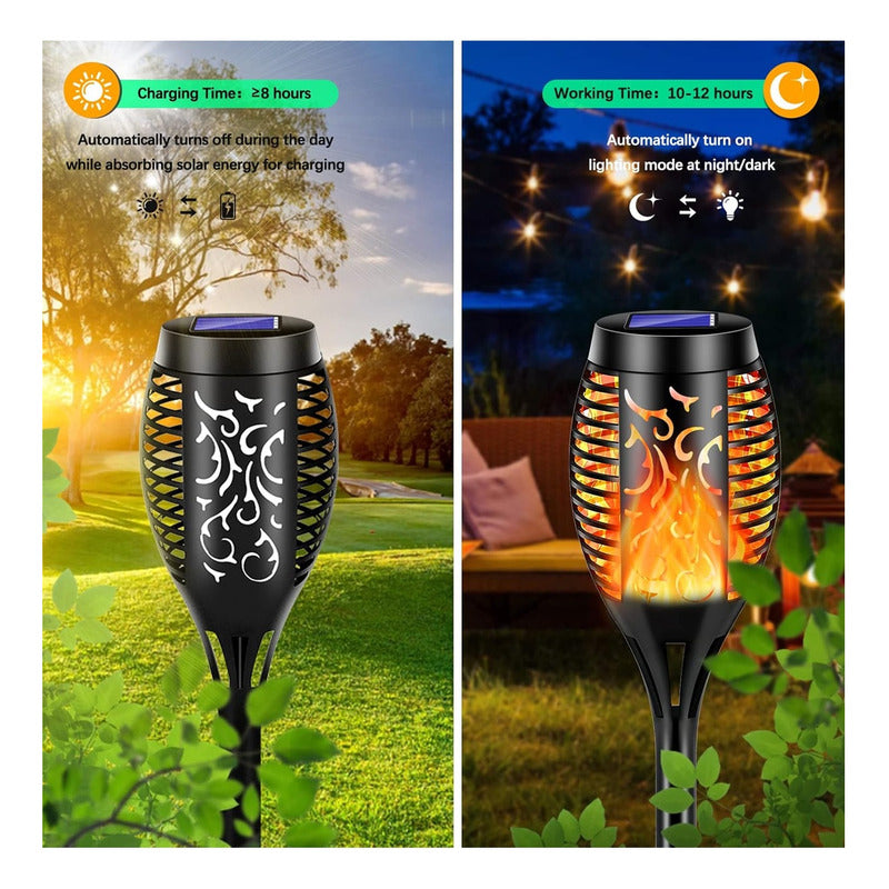 X2 Estaca Solar Antorcha Led Calida C/ Panel Jardín Hogar Negro