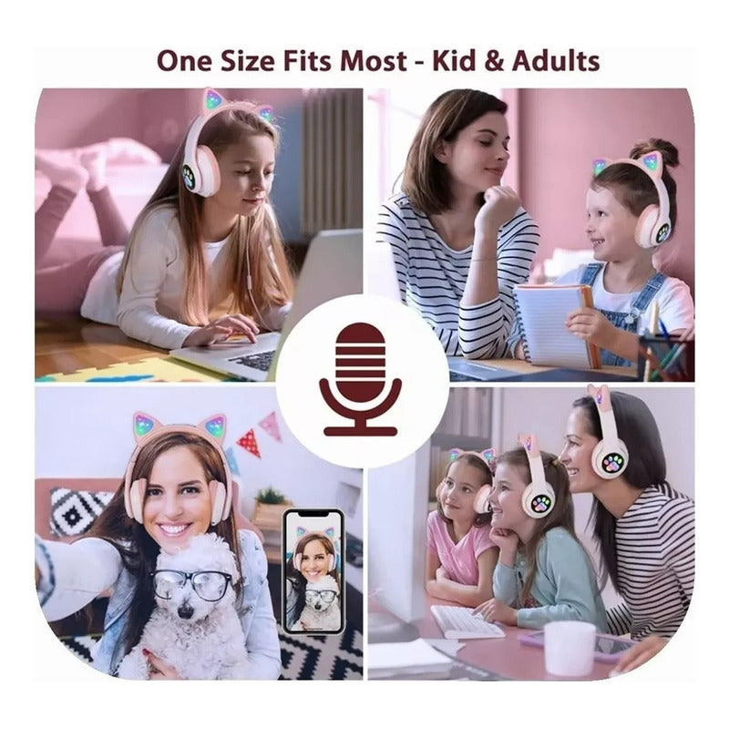 Audífonos Gamer Inalámbricos Orejas Cat Celeste Con Luz Led Celeste