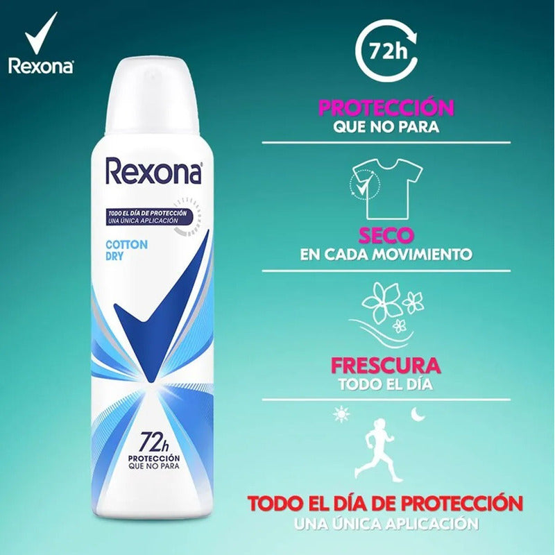X3 Desodorante Rexona Aerosol Femenino Cotton Dry 72h 150ml Cotton Dry