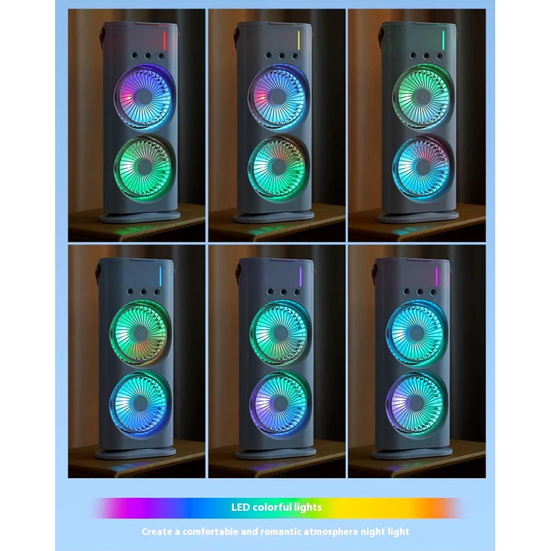 Ventilador Doble De Torre Humidificador Luz Led Enfriador