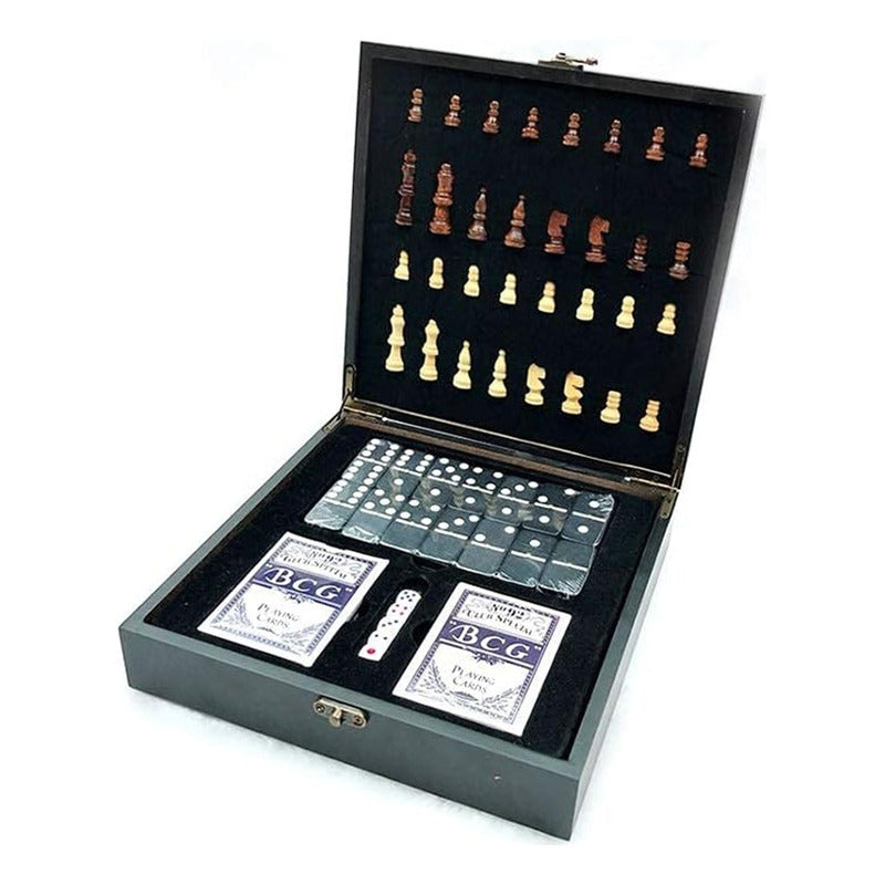 Set De Lujo Tablero Ajedrez Madera + Domino+ Cartas Poker