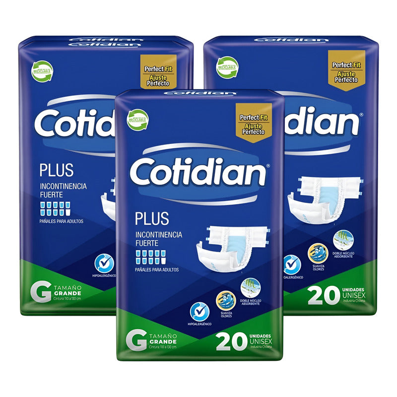 Pack X3 Pañales De Adulto Cotidian Plus Tamaño Grande 20unid Grande