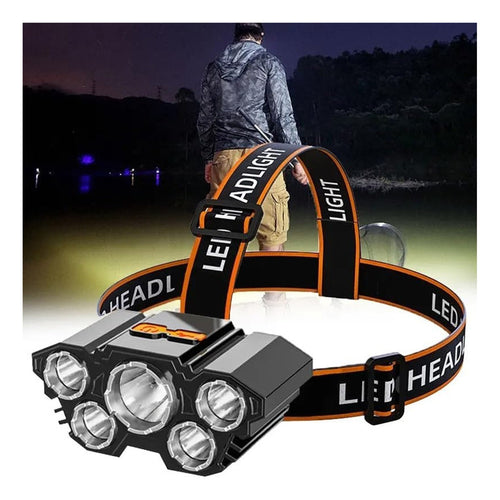 Linterna Led Minero Frontal 5 Led Impermeable Recargable Usb Blanco Negro