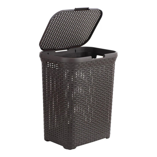 Canasto Para Ropa Cesto Grande 60l Con Tapa Ratan Resistente Marrón Calado