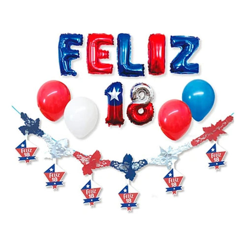 Set Decoración Fiestas Patrias Chilena Guirnalda Cotillón Blanco/azul/rojo Feliz 18