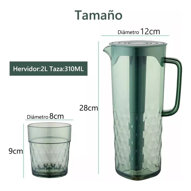 Set Jarra 2 Litros + 4 Vasos Agua Jugo Filtro Refrigerador