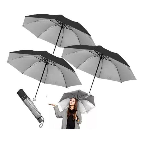 Pack X3 Paraguas Retractil Uv Manual Sombrilla De Bolsillo Negro Liso