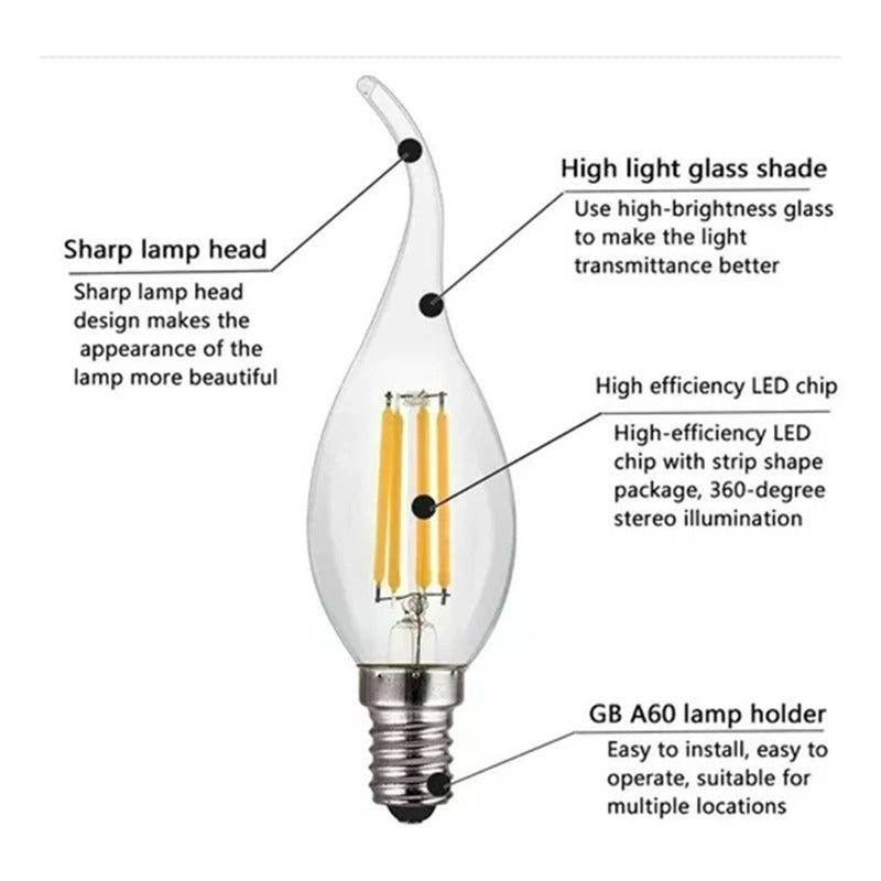 Pack X8 Ampolleta Led Vintage Vela 2 Watts E14 Filamento  Blanco Cálido