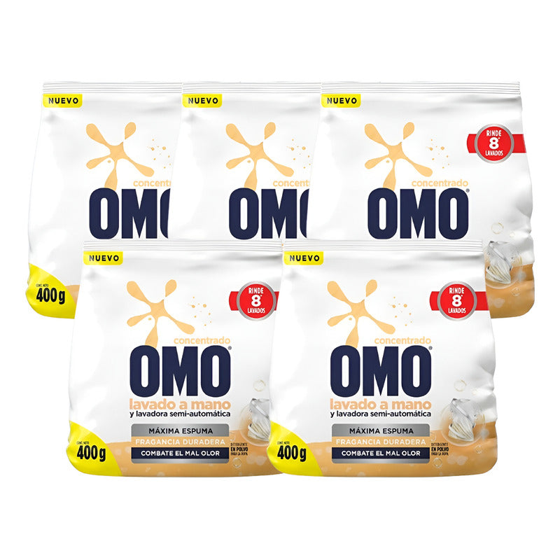X5 Detergente En Polvo Omo Concentrado Lavado A Mano 400 Gr