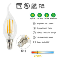 Pack X8 Ampolleta Led Vintage Vela 2 Watts E14 Filamento  Blanco Cálido