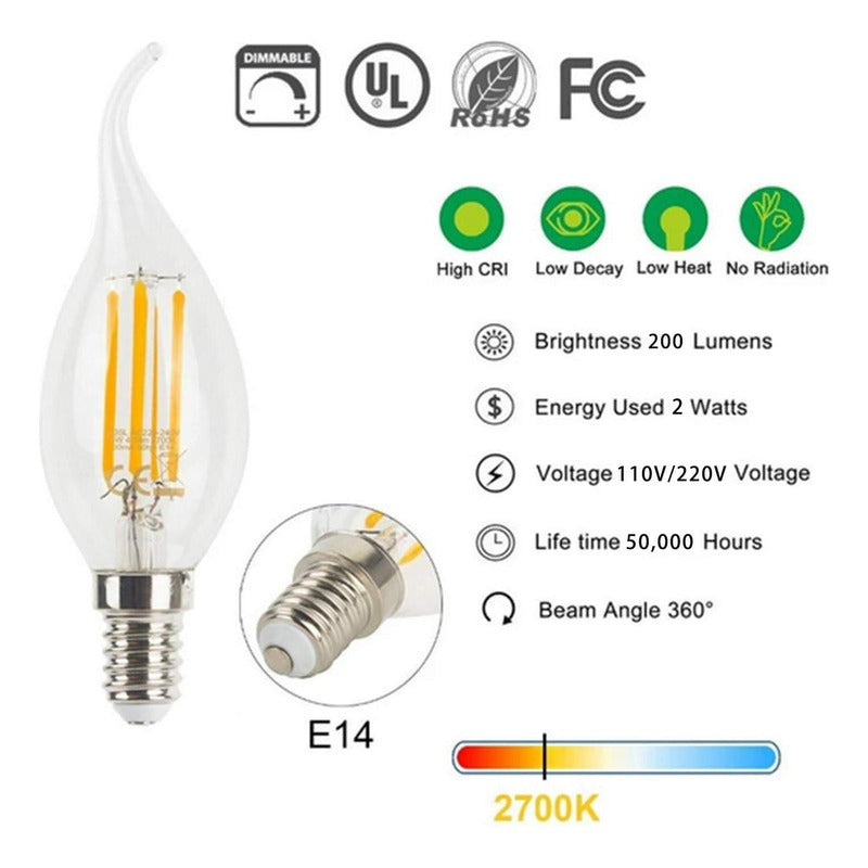 Pack X8 Ampolleta Led Vintage Vela 2 Watts E14 Filamento  Blanco Cálido