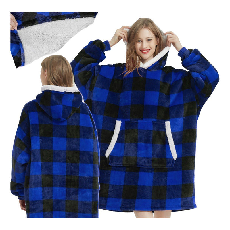 Poleron Sherpa Cuadrillé Poleron Con Chiporro Con Capucha Unica Azul Cuadrillé