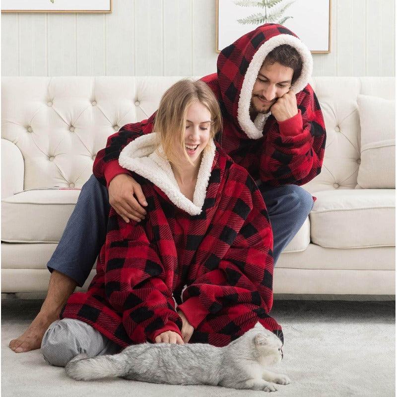 Poleron Sherpa Cuadrillé Poleron Con Chiporro Con Capucha Unica Rojo Cuadrillé