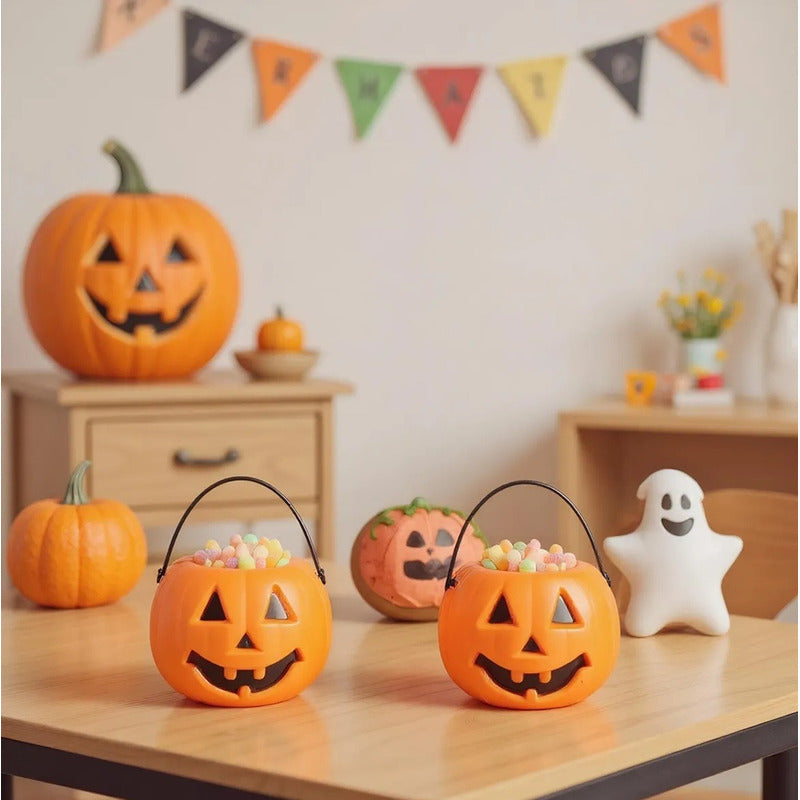 Calabaza Para Dulces Halloween Cubo De Plastico Caramelos - - Naranja