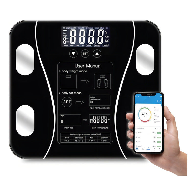 Balanza Pesa Digital Bluetooth Inteligente Smart Imc Baño Color Negro
