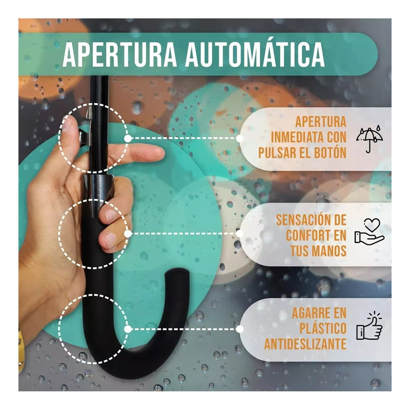 Paraguas Automático Mango Curvo 16 Varillas Resistente