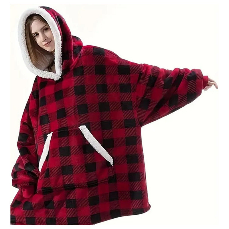 Poleron Sherpa Cuadrillé Poleron Con Chiporro Con Capucha Unica Rojo Cuadrillé