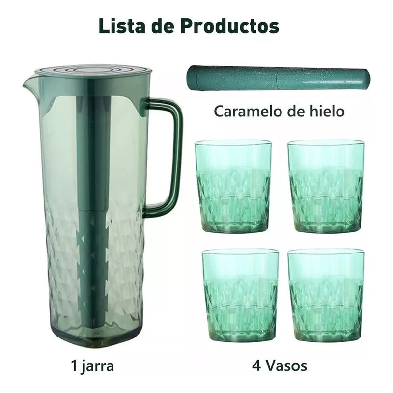 Set Jarra 2 Litros + 4 Vasos Agua Jugo Filtro Refrigerador