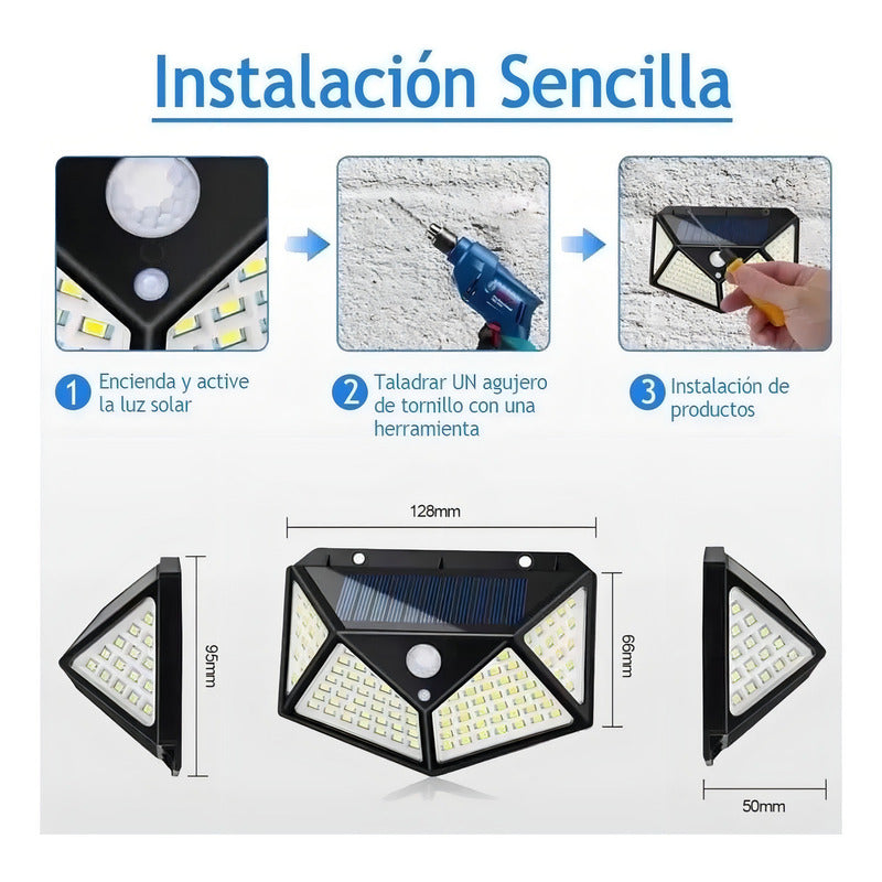 Pack X 4 Lampara Solar 100 Led Exterior Sensor De Movimiento Color Negro