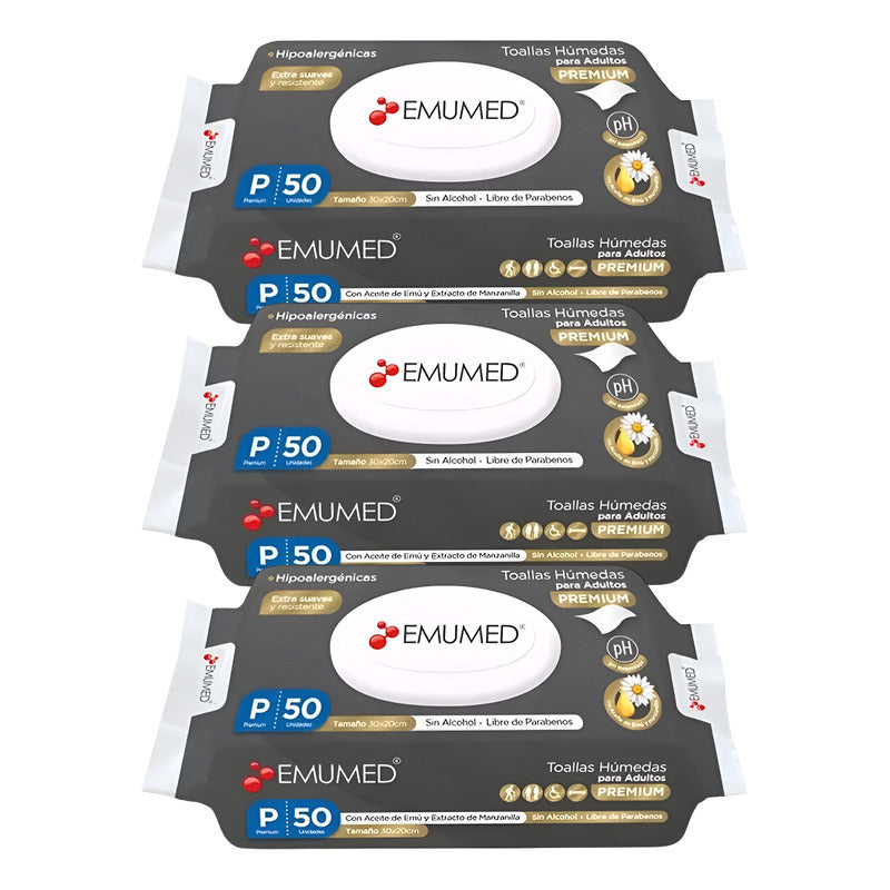 Pack X3 Toallas Húmedas Adulto Premium Emumed 50unid