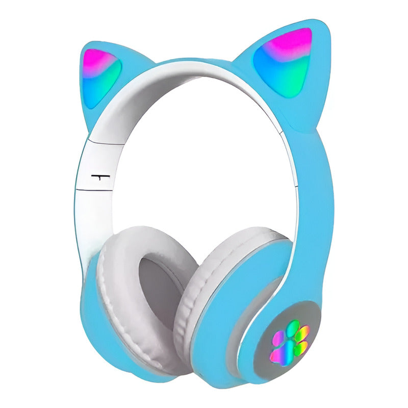 Audífonos Gamer Inalámbricos Orejas Cat Celeste Con Luz Led Celeste