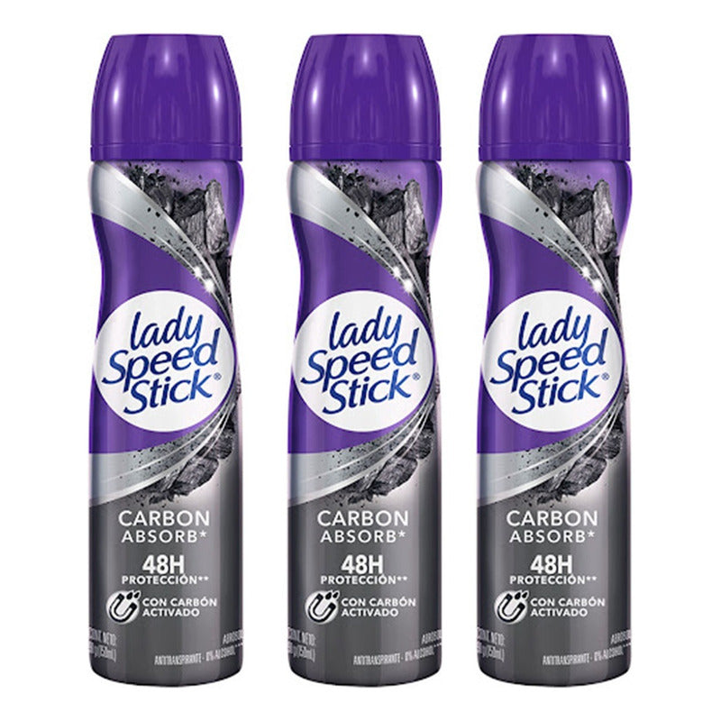 X3 Desodorante Aerosol Lady Speed Stick Carbon Absorb 48h Carbon Absorb
