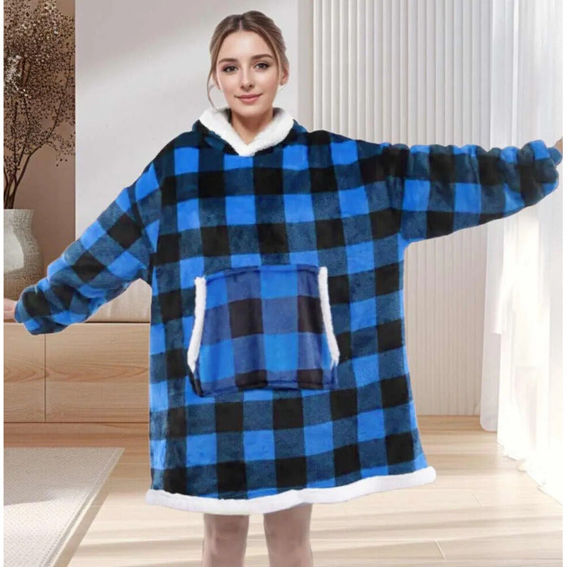 Poleron Sherpa Cuadrillé Poleron Con Chiporro Con Capucha Unica Azul Cuadrillé