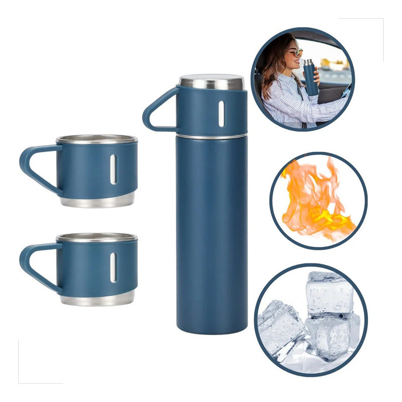 Set Termos De Agua Caliente Frio Termo Café Te+3 Tazas 500ml Azul