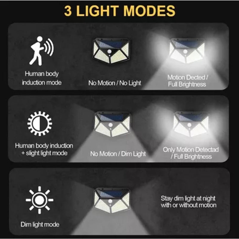 X3 Lampara Farol Solar 100 Led Exterior Sensor De Movimiento Negro