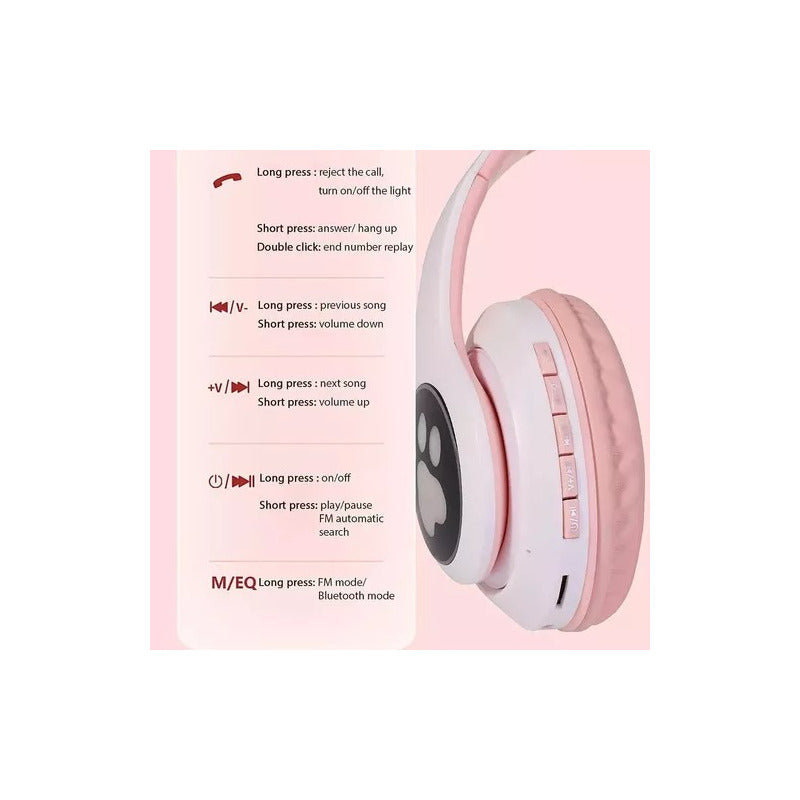 Audífonos Gamer Inalámbricos Orejas Cat Celeste Con Luz Led Celeste