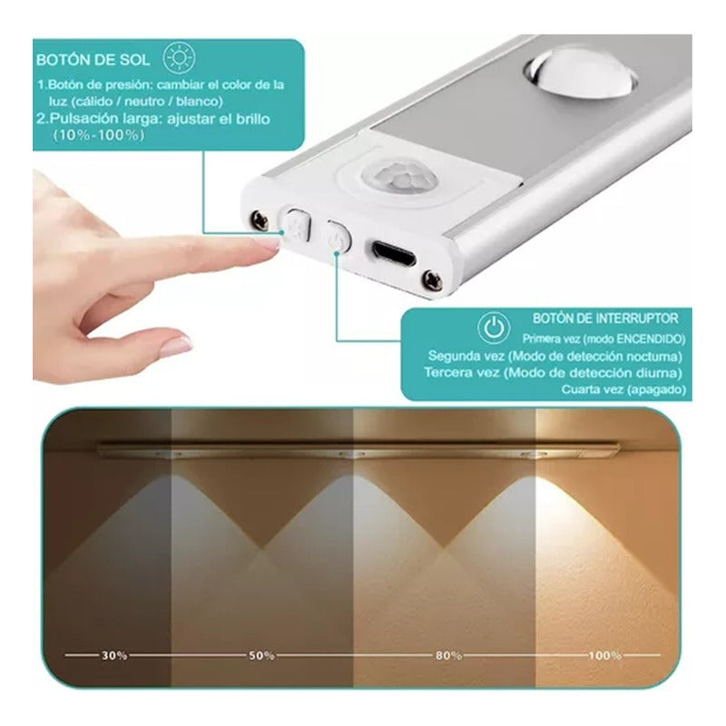 Pack 2 Luces Led Recargable Con Sensor De Movimiento 40cm Calido / Fria / Neutra