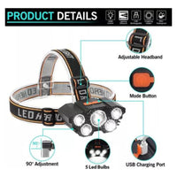Linterna Led Minero Frontal 5 Led Impermeable Recargable Usb