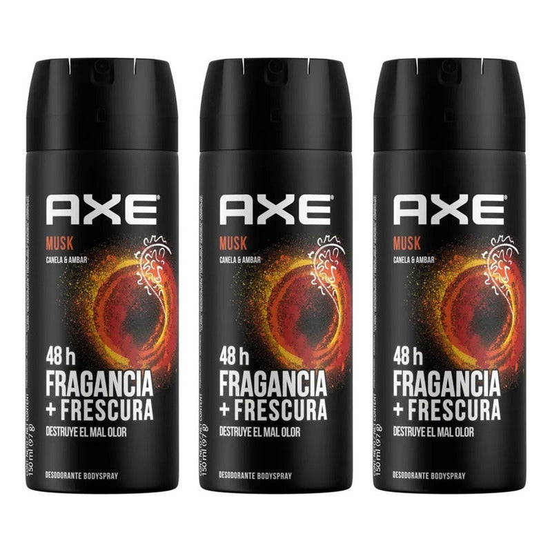 X3 Desodorante Axe Spray Aerosol Musk Canela & Ámbar 150ml Canela Ámbar