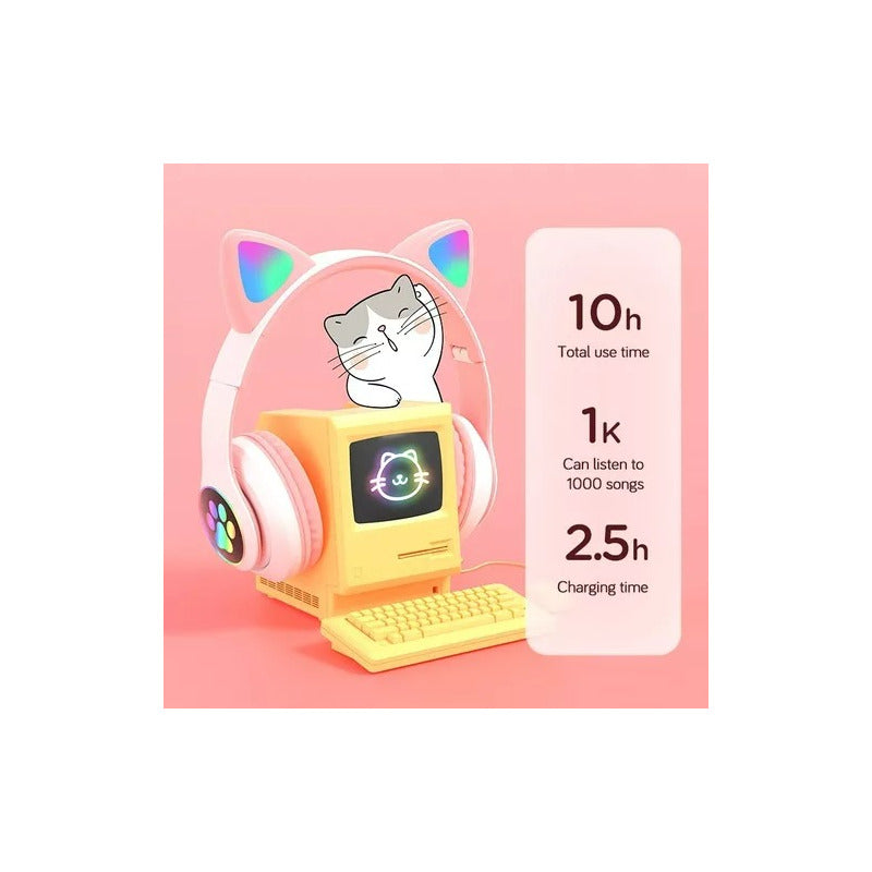 Audífonos Gamer Inalámbricos Orejas Cat Celeste Con Luz Led Celeste