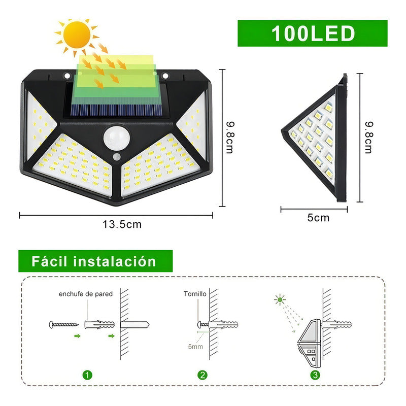 Pack X 4 Lampara Solar 100 Led Exterior Sensor De Movimiento Color Negro