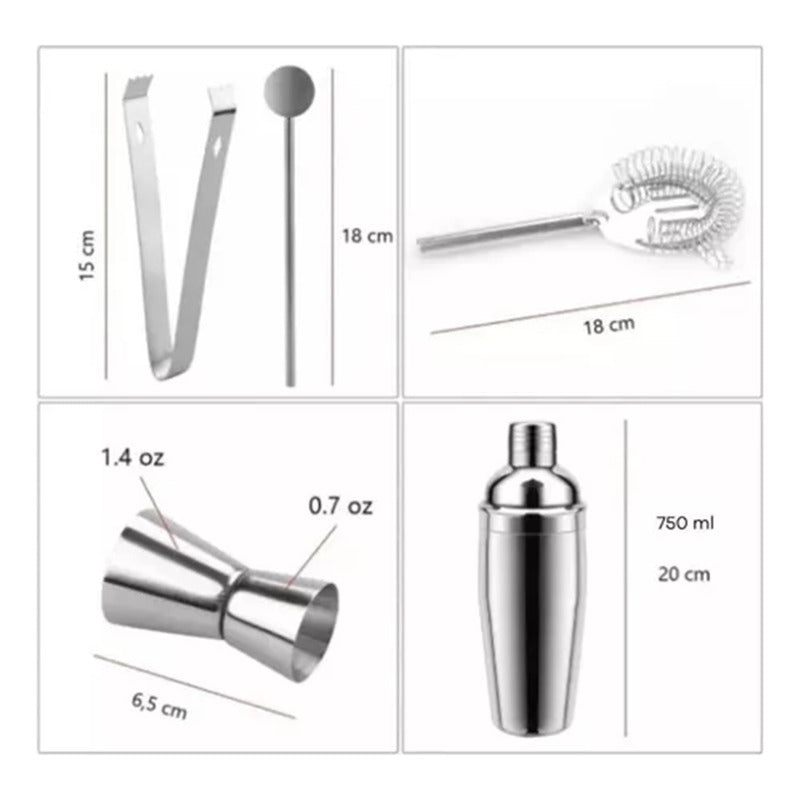 Coctelera Profesional Set 5pzas Inox Utensilio Bar Pub Trago