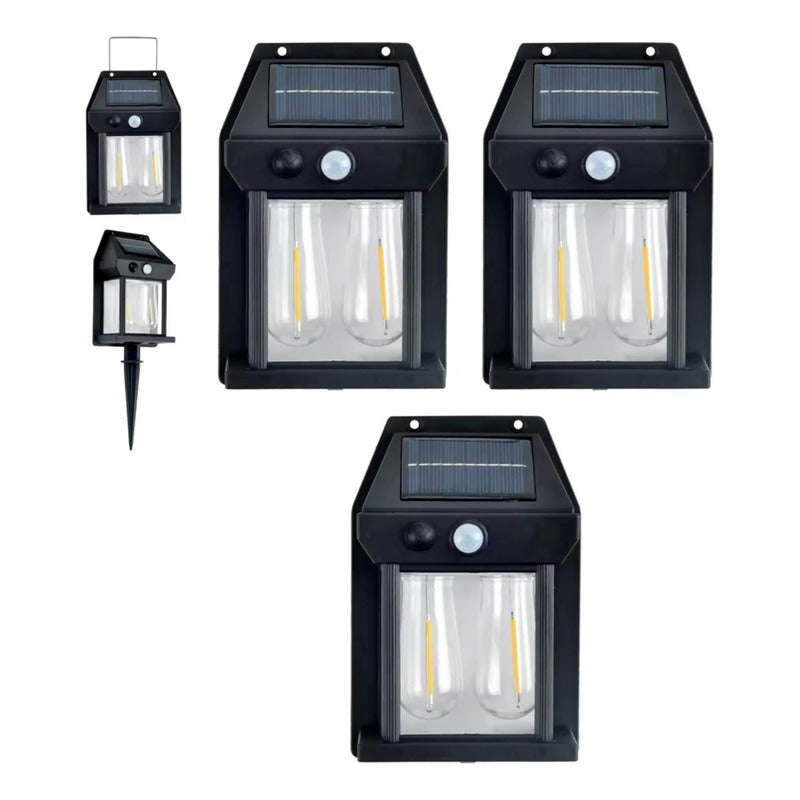 X3 Lámpara Foco Solar Doble Led Sensor  Movimiento Exterior Negro