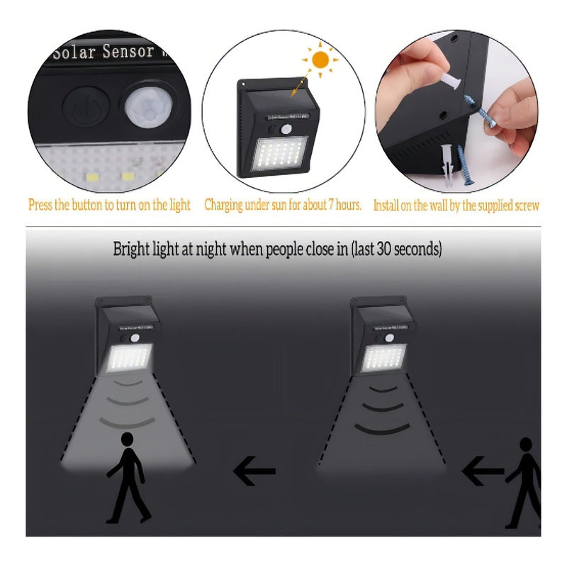 Lampara 30 Led Solar Reflector Exterior Jardin Sensor Luz Color Negro