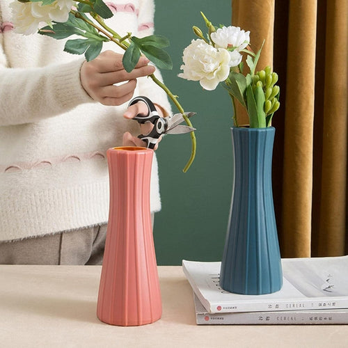 Jarrón De Plástico Florero Minimalista Arte Decoración Hogar Azul Petróleo Rayas