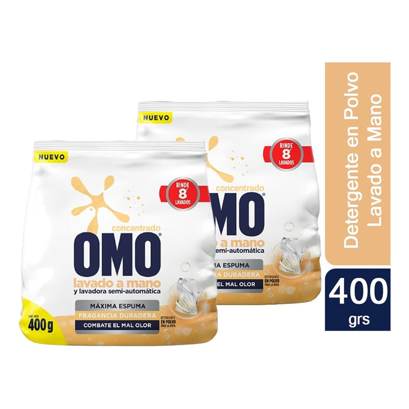 X2 Detergente En Polvo Omo Concentrado Lavado A Mano 400 Gr