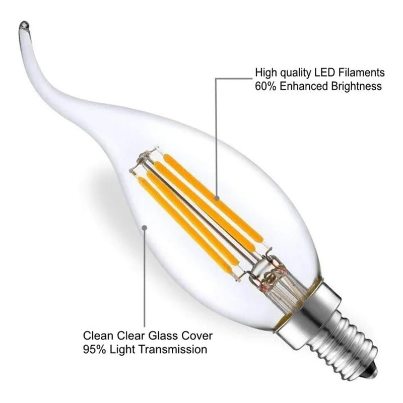 Pack X8 Ampolleta Led Vintage Vela 2 Watts E14 Filamento  Blanco Cálido