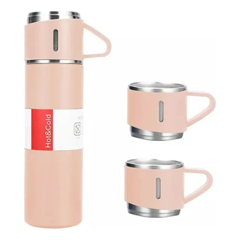 Set Termos De Agua Caliente Frio Termo Café Te+3 Tazas 500ml Rosa Claro
