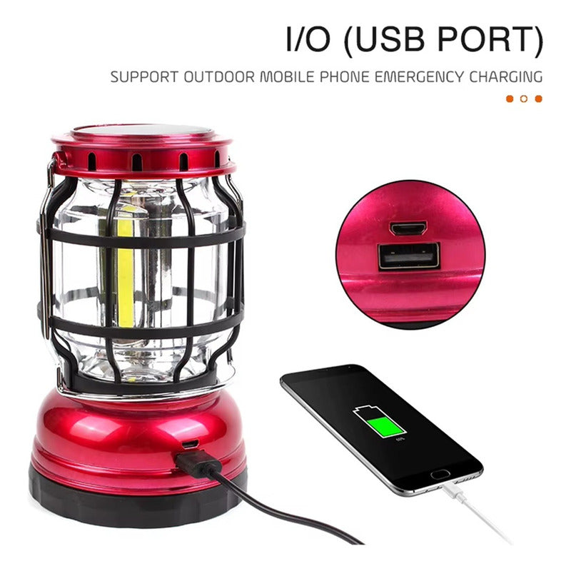 Lampara Multifuncional Camping Recargable Usb Energía Solar Rojo