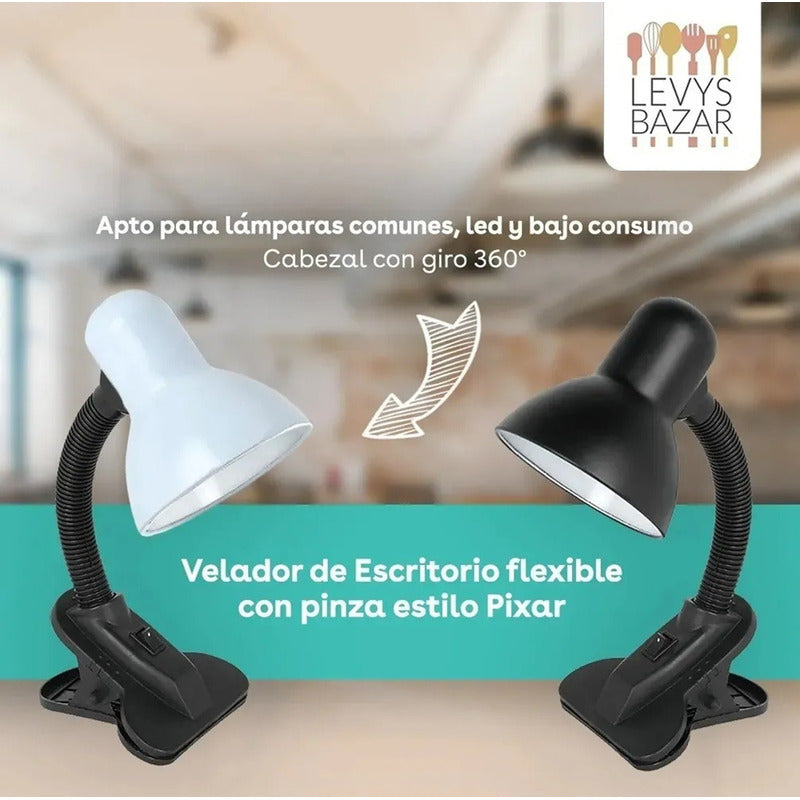 Lampara Velador De Mesa Con Pinza Escritorio Flexible Blanco Blanco