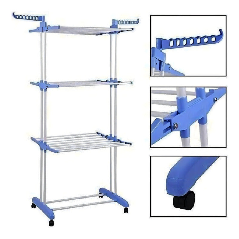 Tendedero Vertical De Metal De 3 Niveles, 170 X 126 X 64 Cm, Azul