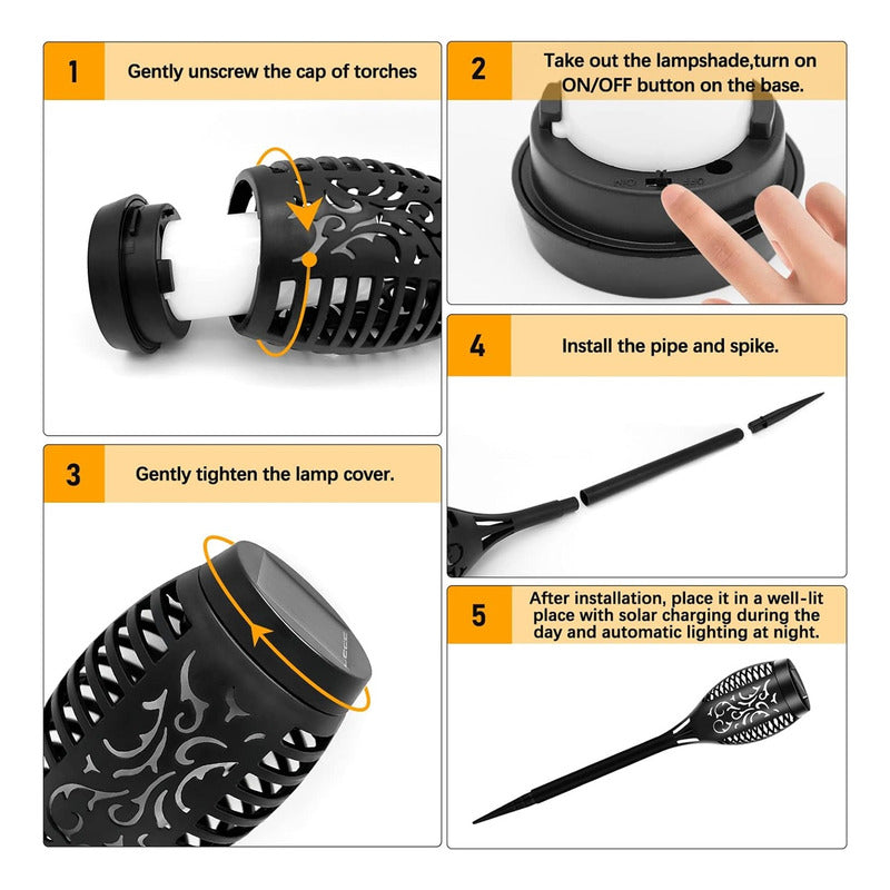 X2 Estaca Solar Antorcha Led Calida C/ Panel Jardín Hogar Negro