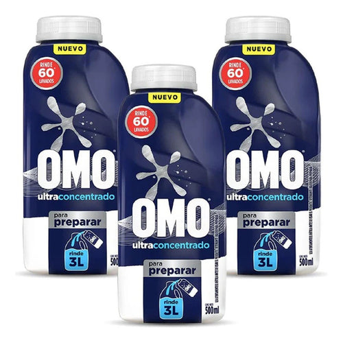 X3 Detergente Omo Concentrado Ropa Liquido 500ml 60 Lavados