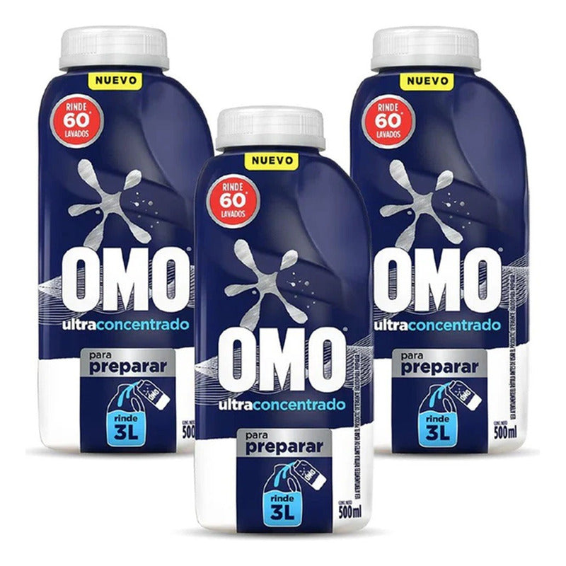 X3 Detergente Omo Concentrado Ropa Liquido 500ml 60 Lavados